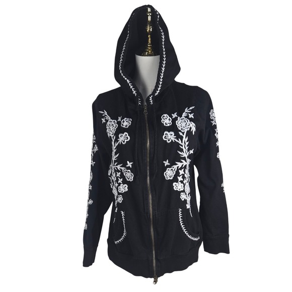 Seventh Avenue Tops - Seventh Avenue Black Embroidered Hoodie L Full Zip Whimsigoth Floral Cotton